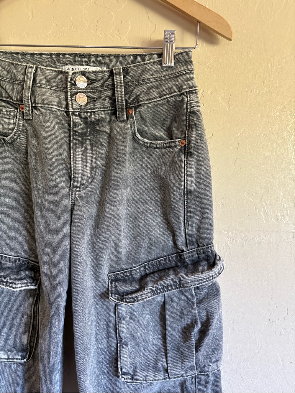 Garage Cargo Denim Jeans Grey Baggy Wide Leg Mid Rise Size 0 / 24 100% Cotton - Picture 2 of 8